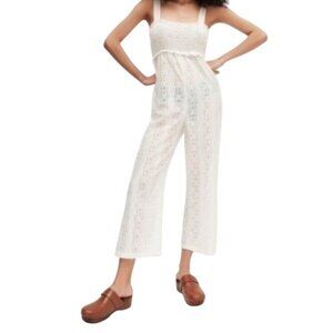 NWT Zara Eyelet Lace White Women's Straight Leg Sheer Jumpsuit Size Medium